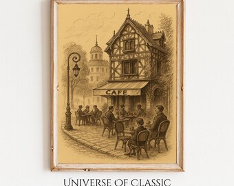 Vintage Parisian Cafe Sketch Wall Art | European Street Café Exterior Illustration | French Coffee Wall Decor | Coffee Lover Print
