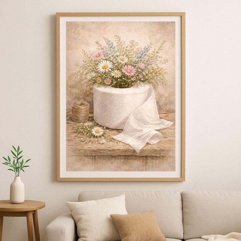 Puede incluir: Una impresi&oacute;n en acuarela enmarcada que presenta un rollo de papel higi&eacute;nico blanco con un ramo de margaritas, flores rosas y azules. Una peque&ntilde;a bola de hilo y flores sueltas est&aacute;n sobre una repisa de madera. El fondo es beige neutro.