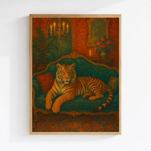 Maximalist Tiger on Couch Print: Eclectic Animal Wall Art (Digital Download