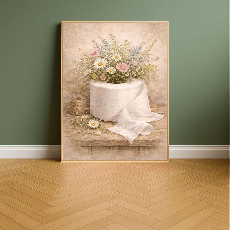 Puede incluir: Impresi&oacute;n art&iacute;stica enmarcada que muestra un rollo de papel higi&eacute;nico blanco desbordante de margaritas, flores rosas y azules. Una peque&ntilde;a bola de hilo y flores adicionales est&aacute;n sobre una superficie de madera. La obra tiene un estilo vintage de acuarela.