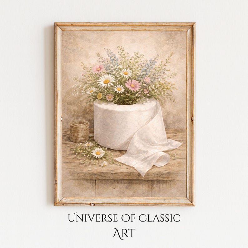 Puede incluir: Una impresi&oacute;n en acuarela enmarcada que presenta un rollo de papel higi&eacute;nico lleno de margaritas, flores rosas y azules. Un peque&ntilde;o manojo de hilo y algunas flores est&aacute;n sobre una superficie de madera. El texto "UNIVERSE OF CLASSIC ART" est&aacute; en la parte inferior.