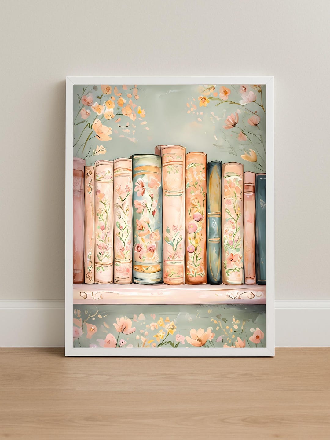 Floral Bookshelf Painting: Cottagecore Reading Nook Wall Art (digital ...
