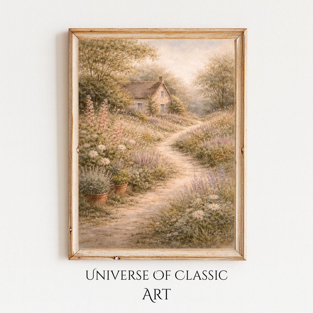 Printable Cottage Garden Wall Art, Vintage Cottage Spring Landscape ...