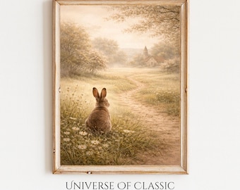 Arte mural de conejo campestre, arte vintage de paisaje de conejo, decoración de conejo de prado primaveral, imprimible de Pascua, arte de granja estilo cottagecore