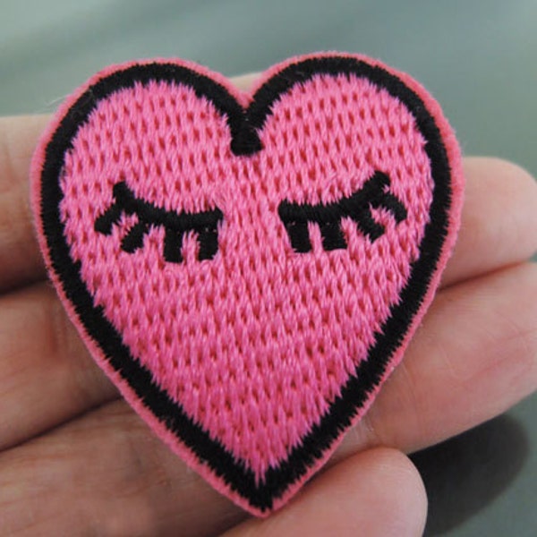 Iron on Patch - Heart Patch Pink Heart Love with Eye Eyelash Patches Small Iron on Applique Embroidered Patch Sewing Patch