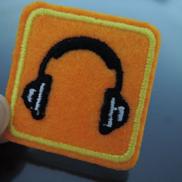 Headphone Patches - Iron on Patches or Sewing on Patch Yellow Patches Square Embroidered Patch Music Head phone Embellishment