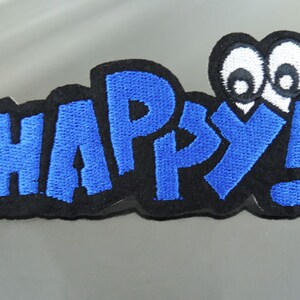 Remendo de ferro – Patches HAPPY Letra feliz azul com remendo de olho aplique remendo bordado costurado em remendo