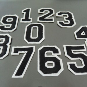 Può includere: Dieci numeri in feltro nero da stirare, da 0 a 9, con contorni bianchi. I numeri sono disposti in cerchio su uno sfondo grigio.