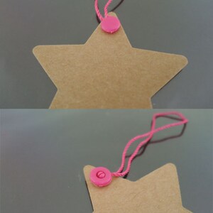 May include: A brown star-shaped paper tag with a pink plastic button and a pink string attached.