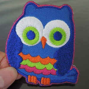 Könnte beinhalten: Ein blauer gestickter Eulen-Patch mit weißen Augen, grünen Pupillen und einem rosa, orangefarbenen und grünen Schnabel. Die Eule hat ein rosa, orangefarbenes und grünes Streifenmuster auf der Brust.
