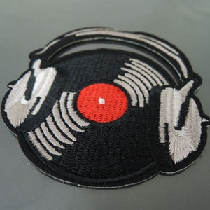 Iron on Patch Gramophone Record Patch Phonograph Record with Headphone Patches Large Iron on Applique Embroidered Patch Sewing Patch image 2