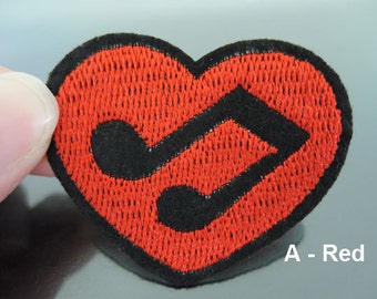 Musical Note Patches - Iron on Patches or Sewing on Patch Red or Pink Black Heart Love Music Clef Patches Embroidered Patch Embellishment