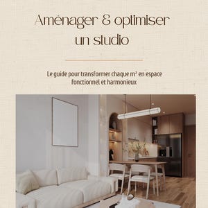 Peut inclure: Couverture d'un guide numérique avec le texte "Siraïah Home Design" et "Aménager & optimiser un studio". L'image montre l'intérieur d'un studio moderne avec un canapé, une table à manger et une cuisine. Le guide est intitulé "Guide digital - Edition 2026".