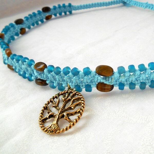 A Clear Day, modern macrame, macrame choker, tree of life, tigers eye, autumn colors, witch pendant, tree of life pendant