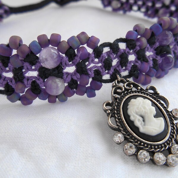 Divine Thought, modern macrame choker, macrame choker, amethyst jewelry, metaphysical jewelry, choker, purple choker, cameo pendant