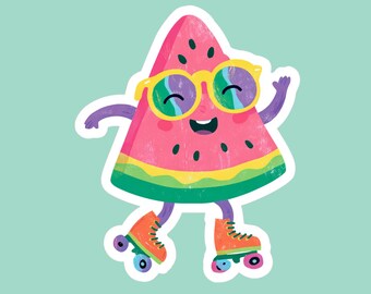 Roller Skating Watermelon Sticker: Retro Kawaii Vinyl Decal