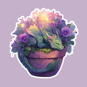 May include: A whimsical illustration of a sleeping green dragon nestled in a purple flower pot filled with purple and pink flowers. The dragon's scales are detailed, and the flowers have a soft, glowing effect. The overall theme is fantasy and nature.