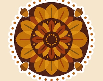 Retro Chrysanthemum Sticker: 70s Fall Floral, Acorn Details