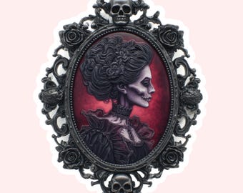 Victorian Skeleton Cameo Sticker: Gothic Macabre Portrait, Baroque Frame