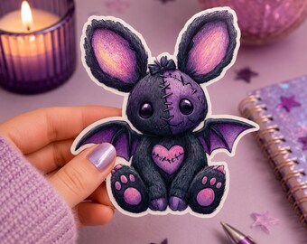 Gothic Plush Bat Sticker: Kawaii Stitched Heart, Waterproof Vinyl