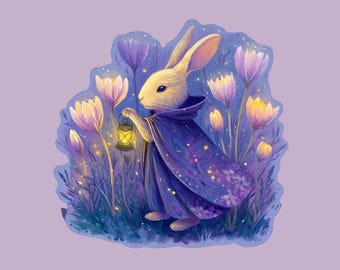 Cottagecore Bunny Sticker: Magical Lantern, Enchanted Wildflower Field