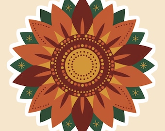 Folk Art Sunflower Sticker – Rustic Autumn Mandala Design