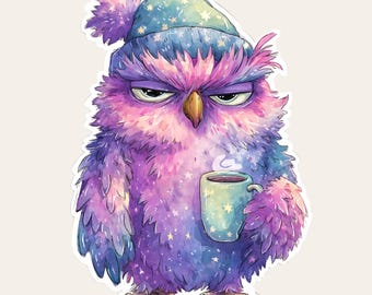 Grumpy Owl Vinyl Sticker: Sarcastic Coffee Lover Gift