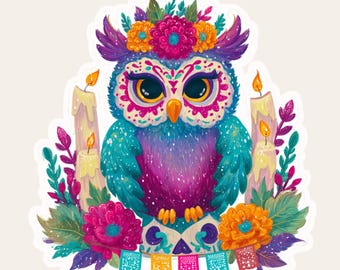 Day of the Dead Owl Sticker – Dia de los Muertos Sugar Skull Owl