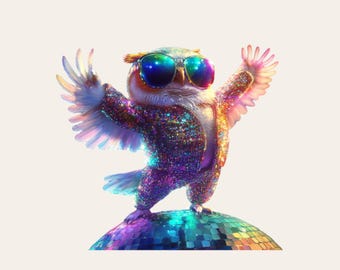 Disco Owl Sticker – Retro 70s Glitter Bird with Sunglasses