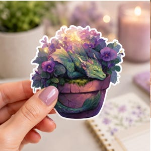 Sleeping Dragon Sticker: Pansies in Flower Pot - Cottagecore Decor