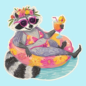 May include: Illustration of a raccoon wearing sunglasses, a floral crown, and a bikini, lounging on a pink and yellow floral inner tube. The raccoon is holding a cocktail with a pineapple garnish. The background is light blue.
