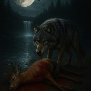 Matança ao Luar – Caça ao Lobo sob a Lua Cheia | Impressão Artística Dark Nature (Download Digital)