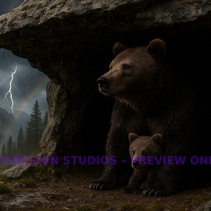 Zuflucht vor dem Sturm – Bär und Junges Druck | Grizzlybär Poster | Regenwald Wand Kunst | Rustikales Tier Digital Download