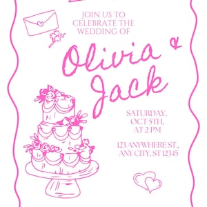 Red and Pink Illustrative Doodle Wedding Invitation editable card template