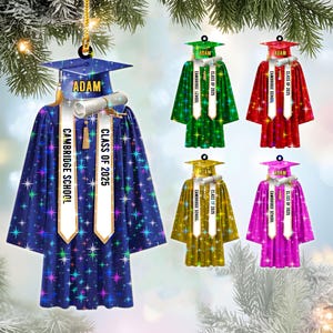 パーソナライズされた卒業式用キャップ＆ガウンオーナメント、2025年卒業クラス用オーナメント、高校卒業生へのギフト、カスタム名入れ記念品、シニア向けクリスマスオーナメント