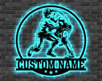 Letrero metálico retroiluminado LED personalizado de lucha libre con nombre personalizado, lámpara de pared para luchador, decoración para sala de deportes, letrero LED para gimnasio, regalo para atleta