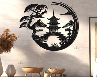 Japanische Pagode Metallwandkunst, Zen-asiatisches Dekor, Bonsai-Baumlandschaft, Meditationsraumkunst, Yoga-Studio, japanische Kunst, orientalisches Dekor, Tempelkunst