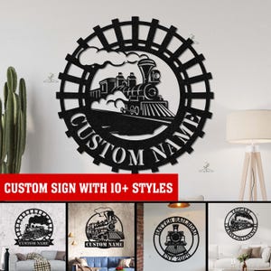 May include: Black metal train-themed wall art. The design features a detailed train silhouette within a circular frame of railroad tracks. The words "CUSTOM NAME" are cut out around the train. The bottom of the image has the text "CUSTOM SIGN WITH 10+ STYLES".