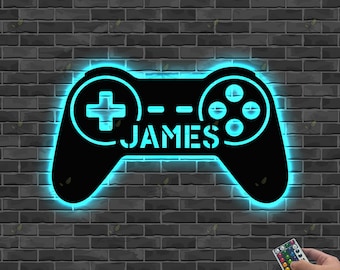 Benutzerdefinierte Metall Gaming Schild mit LED-Licht, Game Controller Metall Wandkunst, Spielzimmer Dekor, Gamer Name Schild Dekor, Gaming Geschenk, Videospiel Kunst
