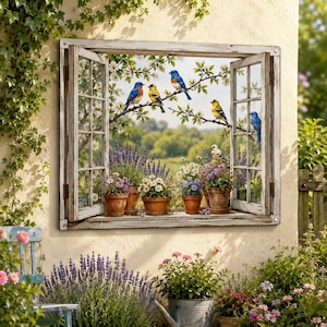 May include: A wall art print featuring an open window frame with a view of a garden scene. The scene includes blue and yellow birds perched on flowering branches, and terracotta pots filled with lavender and daisies on the window sill.