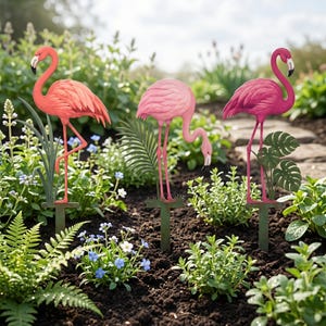 Pink Flamingo Garden Stakes Set, Housewarming Gift, Metal Flamingo Yard Art, Tropical Lawn Ornaments, Beach House Garden Decor