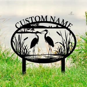Gepersonaliseerde metalen tuinbord reiger, metalen tuinpaal reiger aan het meer, reiger monogram, buitendecor, bord meerhuis, bord reiger tuin