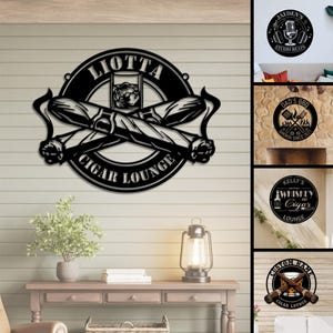 Custom Name Cigar Bar Sign, Personalized Cigar Lounge Metal Sign, Whiskey & Cigar Wall Art Gift for Him,  Gift for Musicians, DJs, Producers