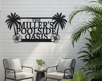 Letrero metálico personalizado de oasis junto a la piscina, decoración de palmeras e hibiscos, arte mural metálico para exteriores, decoración de paredes para exteriores, letrero de oasis para patio trasero