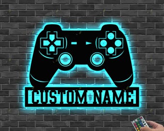Benutzerdefinierte Metall Gaming Schild mit LED-Licht, Game Controller Metall Wandkunst, Spielzimmer Dekor, Gamer Namen Zeichen, Gaming Geschenk, Videospiel Wandkunst