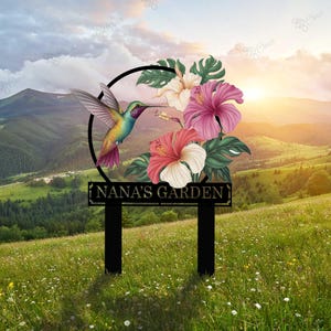 Custom Hummingbird & Flower Garden Decor, Personalized Hummingbird Garden Sign, Hibiscus Flowers, Tropical Garden, Summer Decor,Gift for Mom