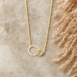 Peut inclure: Un collier doré avec deux cercles entrelacés, dont l'un est orné de petites pierres scintillantes. Le collier est suspendu à une fine chaîne. Le fond est neutre avec des feuilles séchées.