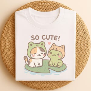 So Cute! Cat & Frog Hat T-Shirt - Kawaii Animal Friends Tee | Adorable Pet Lover Gift | Funny Costume Shirt | Lily Pad Buddies
