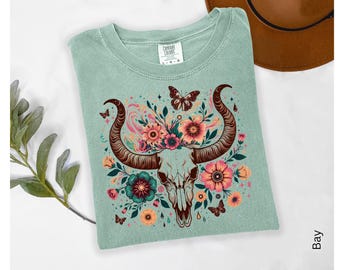 Boho Cow Skull Shirt, Western Graphic Tee, Bull Skull Shirt, Cowgirl Tshirt, Country Shirt, Floral Country Girl Shirt, Western Clothing