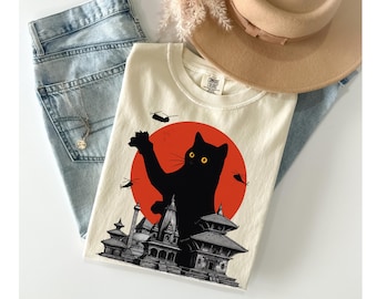 Funny Cat Shirt, Godzilla Cat Kathmandu Organic Cotton T-Shirt, Japanese Anime Graphic Tee, Nepal Vacation Shirt,Comfort Colors Unisex Shirt